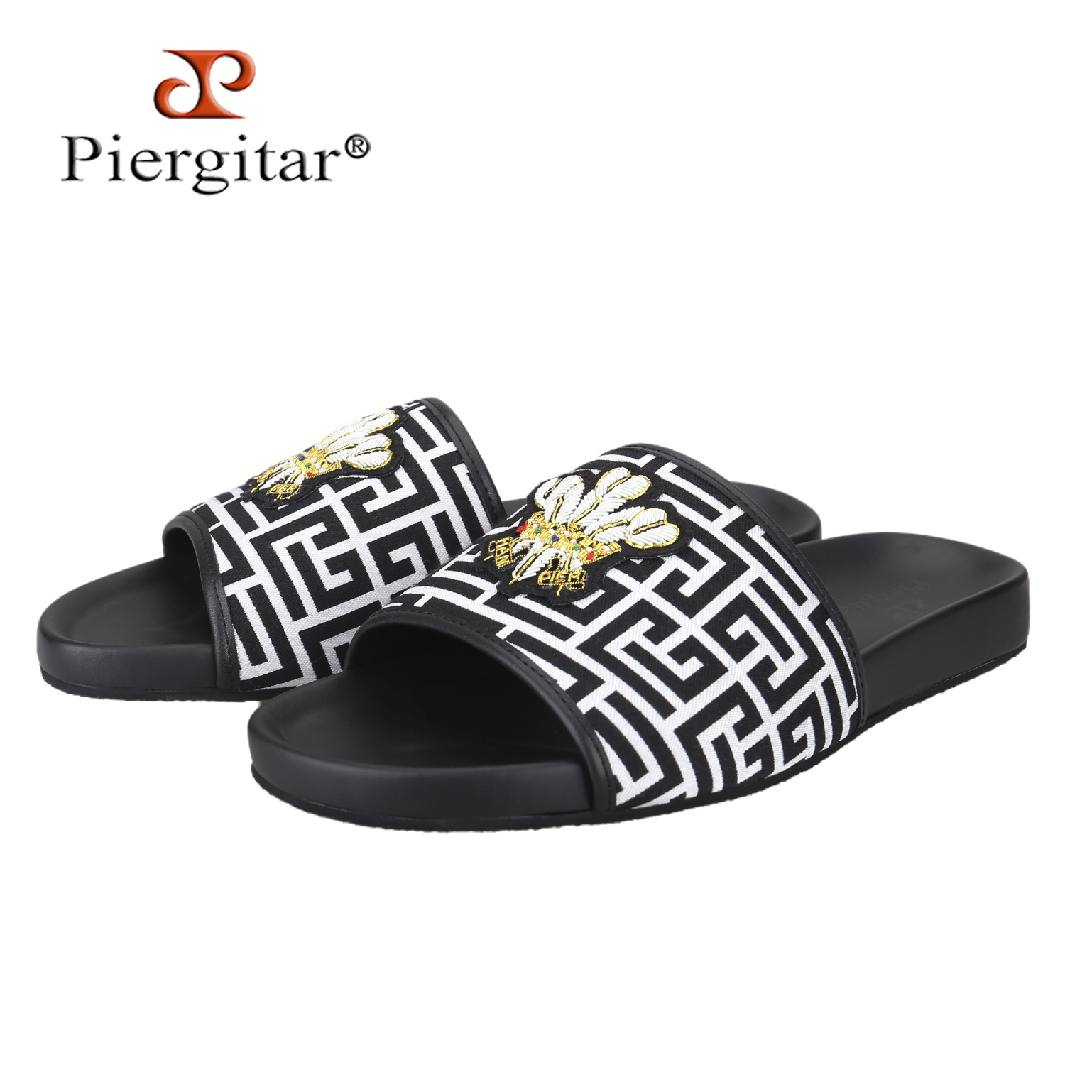 Flip Flop Leather Men - Piergitar Sommer-Modell, schwarz-weiß bedruckte Canvas-Herren-Slides mit