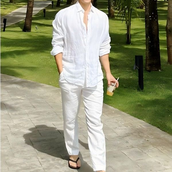 Linen Shirt Breathable - Strandurlaub-Stil Baumwoll-Leinen Freizeitset Herren Sonnenschutz Langarm-Hemd