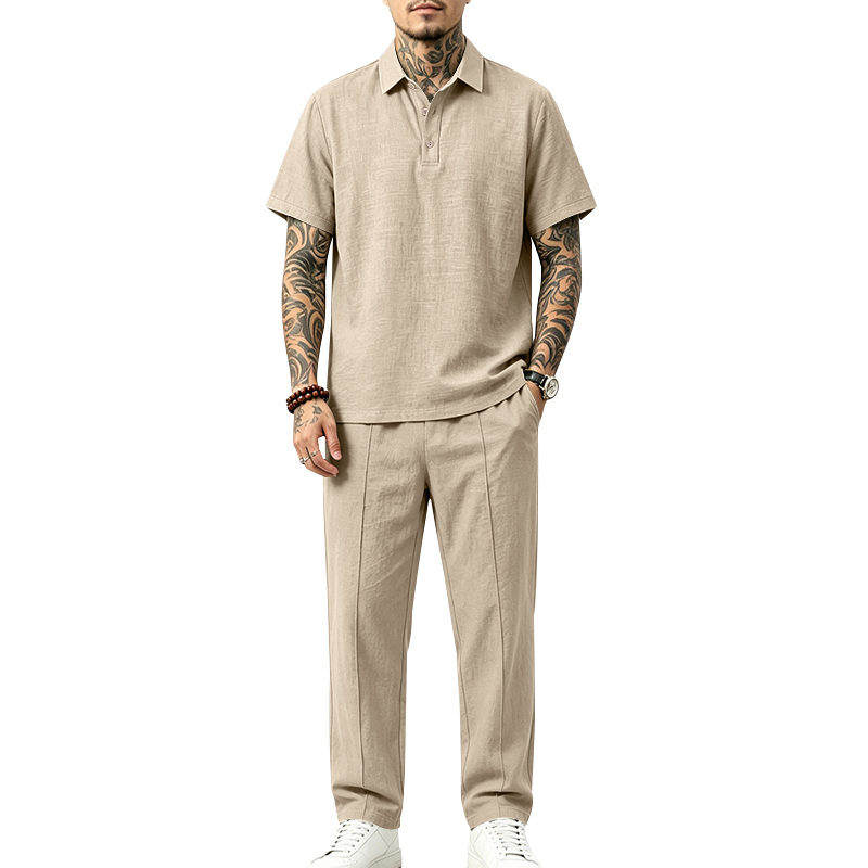 Short Linen Drawstring - Herren 2-teiliges Polo-Set Kurzarm-Poloshirt & Gerade