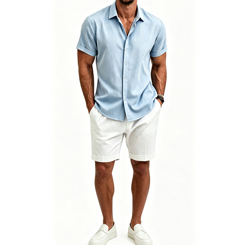 Linen Shirt Breathable - Herren Baumwoll-Leinen-Hemdset, Sommer-Kurzarmhemd und Shorts, Anzüge